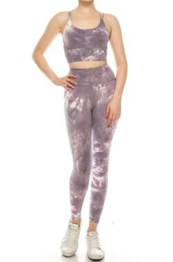 Women's Tie Dye Yoga 2 Pc Set High Waist Leggings Strappy Criss Cross Sports Bra